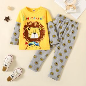 2pcs Lion and Letter Print Faux-two Design Long-sleeve Top and Allover Pants Yellow Toddler Set