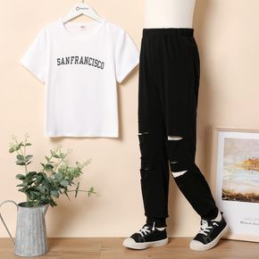 2-piece Kid Girl 100% Cotton Letter Print White Short-sleeve Tee and Ripped Black Pants Set