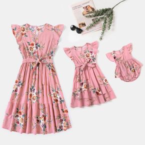 All Over Floral Print Pink Flutter-sleeve  Ruffle Belted Dress for Mom and Me