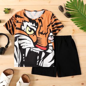 2-piece Kid Boy 100% Cotton Animal Tiger Print Tee and Elasticized Black Shorts Set