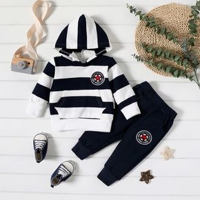 2pcs Striped Applique Decor Hooded Long-sleeve Hoodie Top and Solid Sweatpants Casual Pants Dark Blue Baby Set