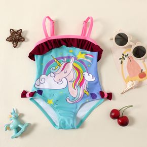 Baby Girl Cartoon Unicorn Print Sleeveless Spaghetti Strap Ruffle Bowknot One-Piece Swimsuit