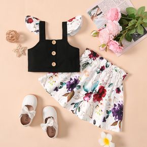 2-piece Toddler Girl Button Design Black Camisole and Flroal Print Paperbag Skirt Set