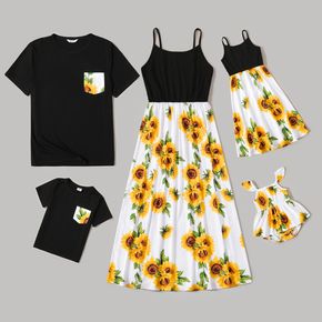 Familie passende feste Spaghettiträger, die Sonnenblumen-Blumendruckkleider und Kurzarm-T-Shirt-Sets spleißen