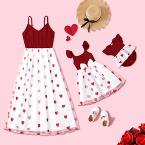 Valentine's Day Solid Ribbed V Neck Spaghetti Strap Splicing Love Heart Mesh Dress for Mom and Me