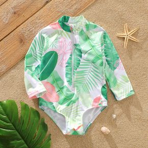 Toddler Girl Floral Leaf Print Zipper Design Long-sleeve Onepiece Swimsuit