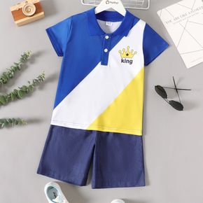 2-piece Kid Boy Colorblock Letter Crown Print Pique Polo Shirt and Denim Shorts Set