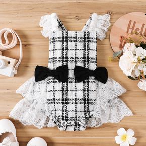 Baby Girl Black and White Tweed Splicing Lace Bowknot Sleeveless Romper
