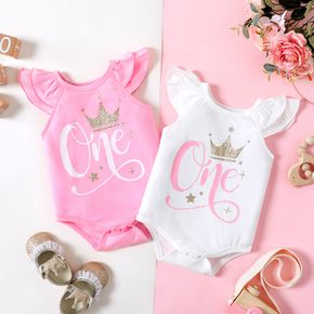 Baby Girl Glitter Crown and Letter Print Layered Flutter-sleeve Romper