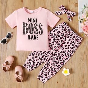 3-piece Toddler Girl Letter Print Pink Tee, Leopard Print Pants and Headband Set