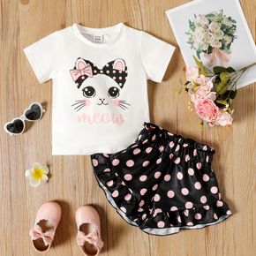 2-piece Toddler Girl Letter Cat Print White Tee and Polka dots Ruffled Paperbag Shorts Set