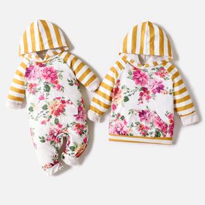 Sibling Matching Floral Print Splicing Striped Long-sleeve Hooded Sweatshirts