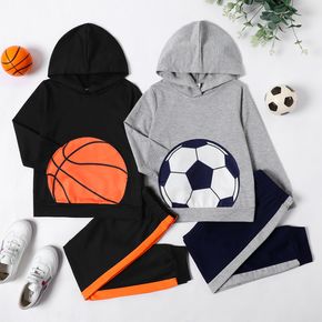 2-piece Kid Boy Basketball/Football Print Hoodie Sweatshirt and Colorblock Pants Set