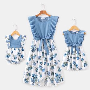 Blue Ruffle Sleeveless Splicing Floral Print Belted Dress for Mom and Me