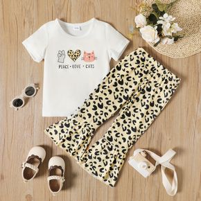 2-piece Toddler Girl Letter Cat Heart Print White Tee and Leopard Print Flared Pants Set