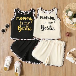 Mother's Day 2-piece Toddler Girl Letter Leopard Print Tank Top and Elasticized Shorts Set