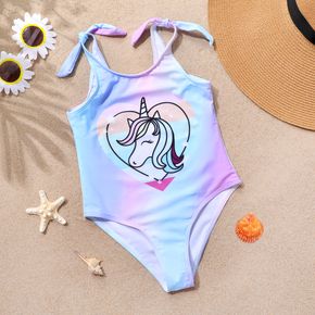 Kid Girl Unicorn Print Tie Dyed Bowknot Strap Onepiece Swimsuit