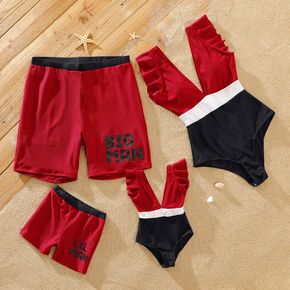 Family Matching Letter Print Swim Trunks Shorts and Ruffle Colorblock Deep V Neck One-Piece Swimsuit