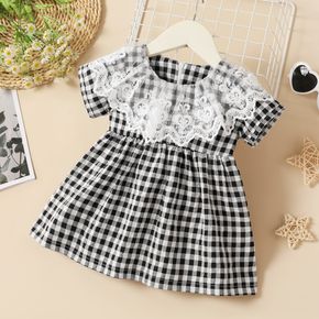 Baby Girl Lace Collar White and Black Plaid Short-sleeve Dress