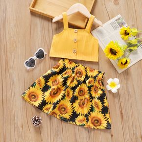 2pcs Toddler Girl Button Design Ginger Camisole and Floral Print Elasticized Skirt Set