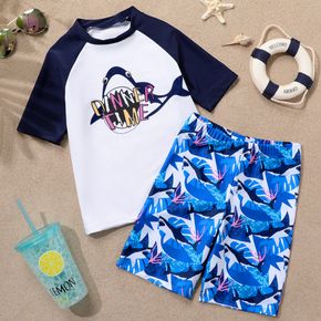 2-piece Kid Boy Letter Shark Print Top and Shorts Swimsuit Set