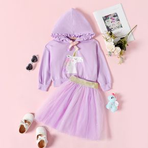 2pcs Unicorn Print Hooded Ruffle Decor Long-sleeve Hoodie Top and Mesh Layered Skirt Pink or Purple Toddler Set