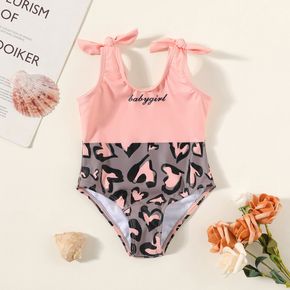 Baby Girl Letter Print Pink Splicing Leopard Sleeveless One-Piece Swimsuit