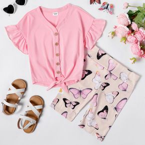 2-piece Kid Girl Ruffled Button Design Tie Knot Pink Tee and Butterfly Print Shorts Set