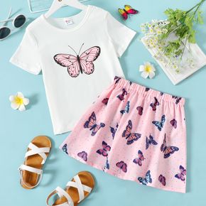 2-piece Kid Girl Butterfly Print Short-sleeve White Tee and Pink Skirt Set