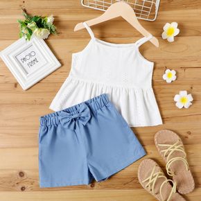 2-piece Kid girl Peplum White Camisole and Bowknot Design Blue Denim Shorts Set