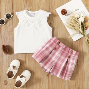2pcs Toddler Girl Lace Bowknot Design Sleeveless White Tee and Pink Plaid Shorts Set