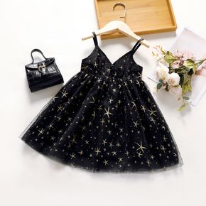 Toddler Girl Stars Embroidered Mesh Design Black Cami Dress