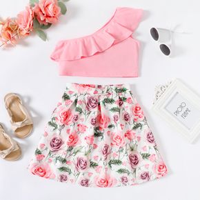 Pretty Kid Girl One Shoulder Ruffled Floral Casual Suits