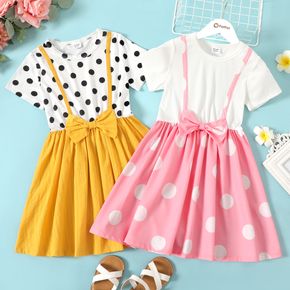 Kid Girl Bowknot Design Polka dots Splice Short-sleeve Dress