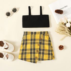 2pcs Toddler Girl Black Camisole and Plaid Button Design Irregular Skirt Set