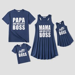 familie passende dunkelblaue ärmellose tankkleider mit buchstabendruck und kurzarm-t-shirt-sets