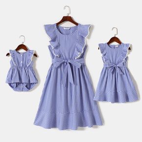 Blue Pinstriped Sleeveless Ruffle Belted Dress for Mom and Me