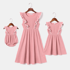 Pink Textured Round Neck Sleeveless Ruffle Dress for Mom and Me
