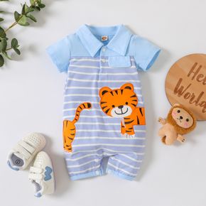 Stripe Print Tiger Applique Lapel Collar Short-sleeve Blue Baby Romper