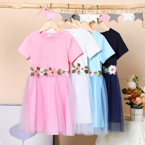 Kid Girl Round-collar 3D Floral Design Mesh Short-sleeve Dress