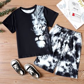 2-piece Kid Boy Animal Lion Print Short-sleeve Black Tee and Tie Dyed Shorts Set