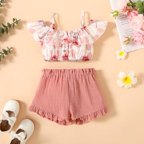 2-piece Toddler Girl Floral Print Off Shoulder Strap Top and Ruffled Pink Shorts Set
