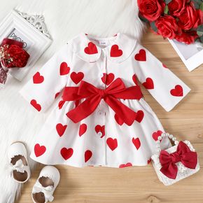 Baby Girl All Over Red Love Heart Print Peter Pan Collar Button Up Belted Long-sleeve Dress