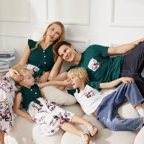 Family Matching Floral Print Splicing Dark Green Flutter-sleeve Dresses and Short-sleeve T-shirts Sets