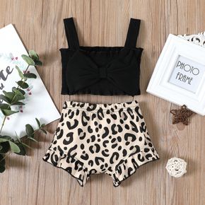 100% Cotton 2pcs Baby Girl Ribbed Bowknot Crop Tank Top and Leopard Ruffle Shorts Set
