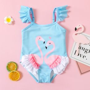 Baby Girl Swan Print Ruffle Spaghetti Strap One-Piece Swimsuit