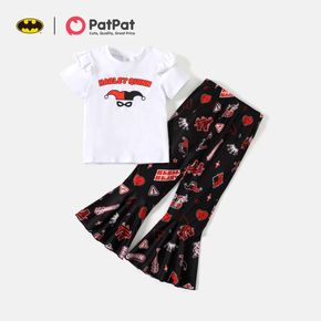 Batman 2-piece Kid Girl Letter Print Ruffled Short-sleeve Cotton Tee and Allover Print Flared Pants Set