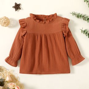 Toddler Girl 100% Cotton Ruffle Collar Solid Color Crepe Long-sleeve Blouse