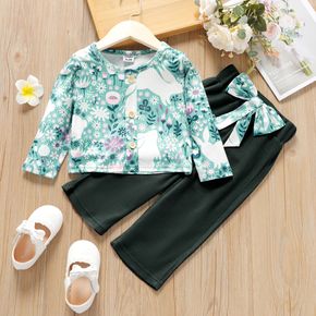 Easter 2-piece Toddler Girl Floral Rabbit Print Button Design Long-sleeve Tee and Bowknot Design Green Waffle Pants Set
