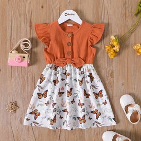 Toddler Girl Butterfly Print Splice Bowknot Button Design Flutter-sleeve Dress